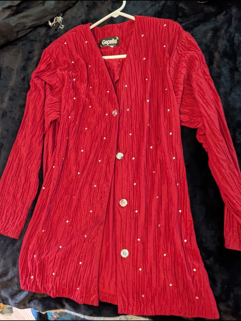 Gepetto Red Crinkled Button Front Jacket with Rhinestones